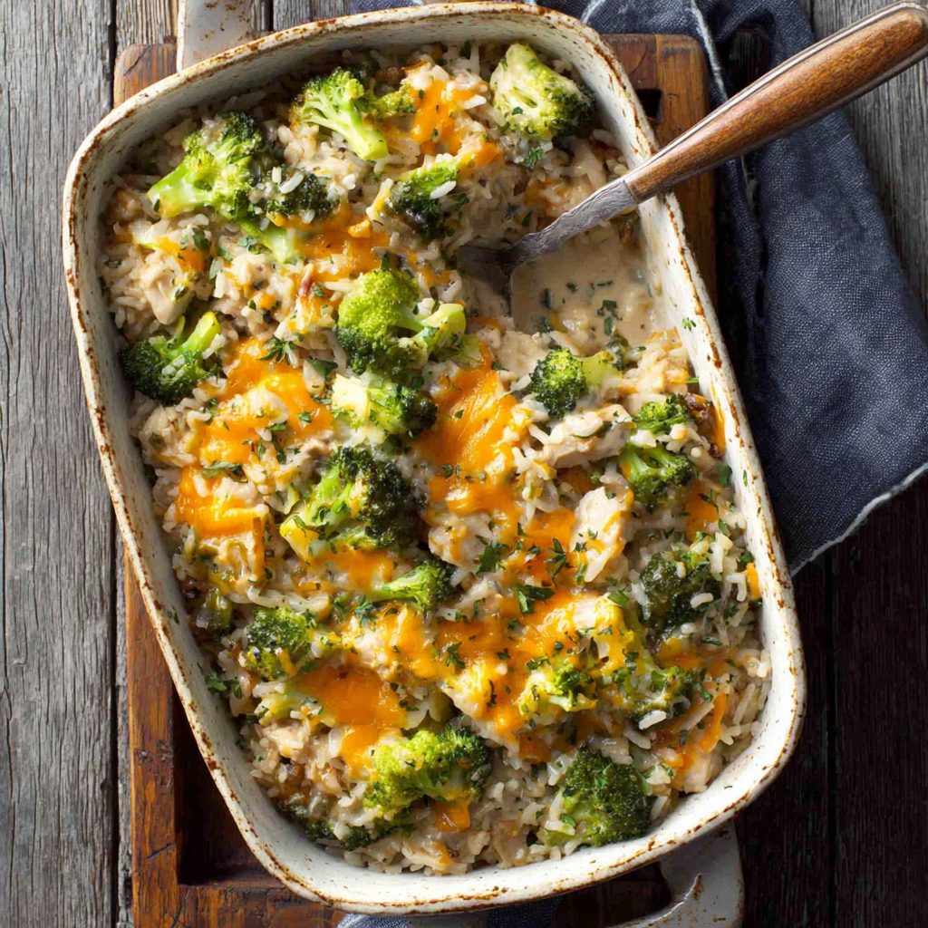 Comforting Broccoli Cheddar Chicken and Rice Casserole