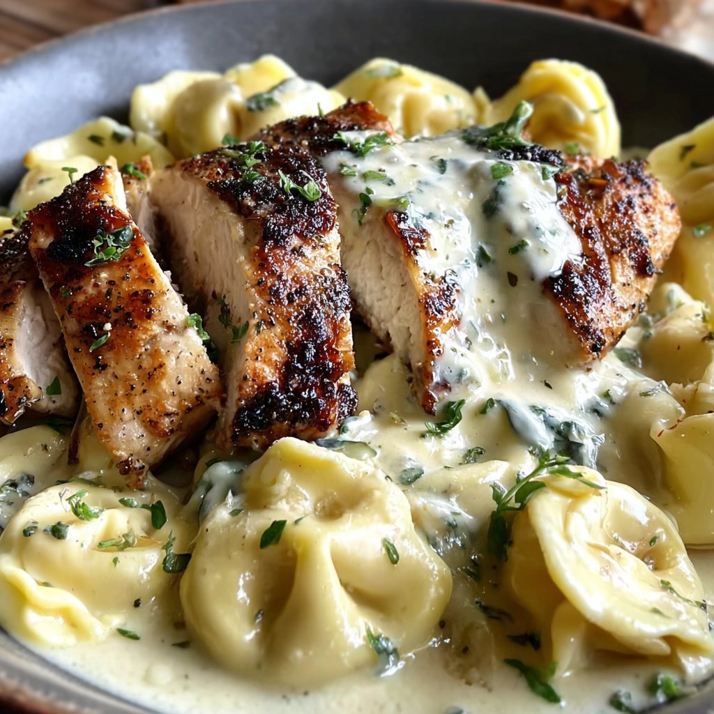 Creamy Asiago Tortellini Alfredo with Grilled Chicken
