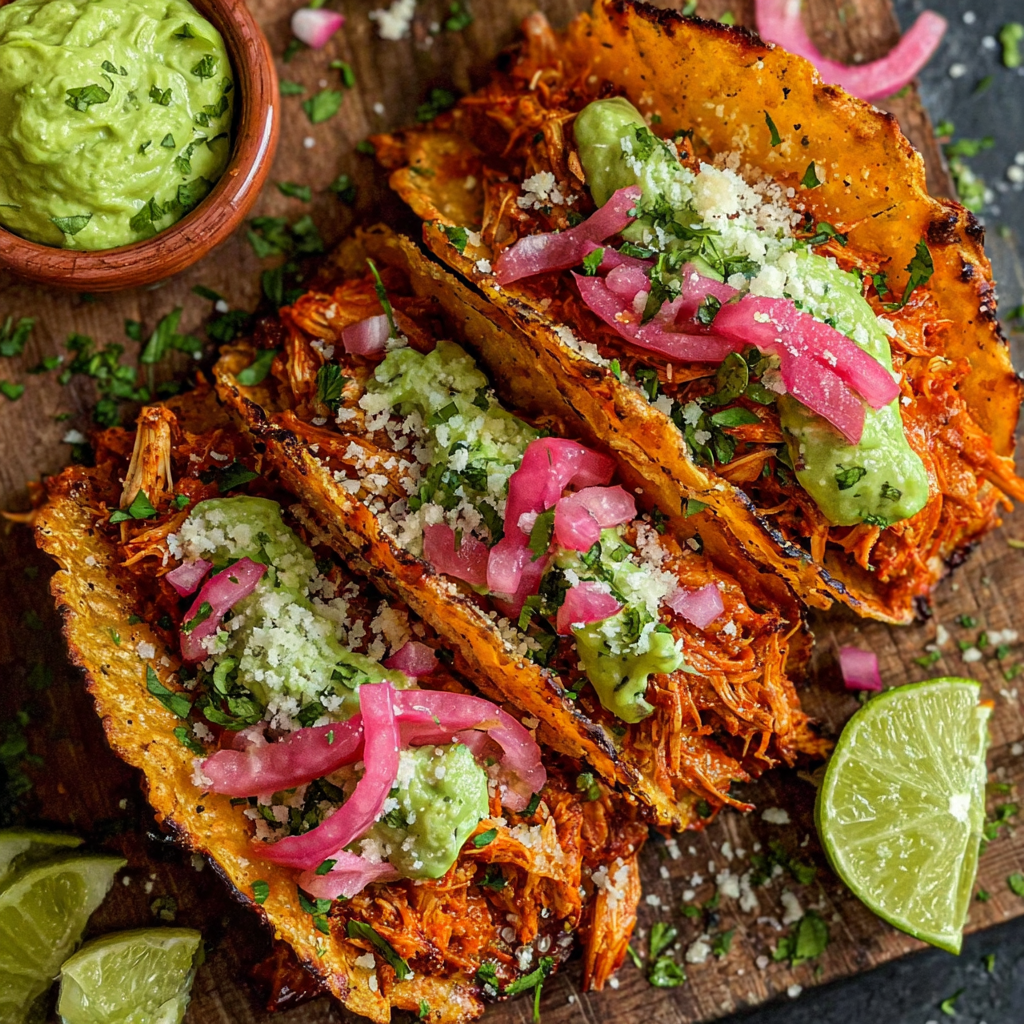 Crispy Chicken Tinga Tacos with Avocado-Jalapeño Crema
