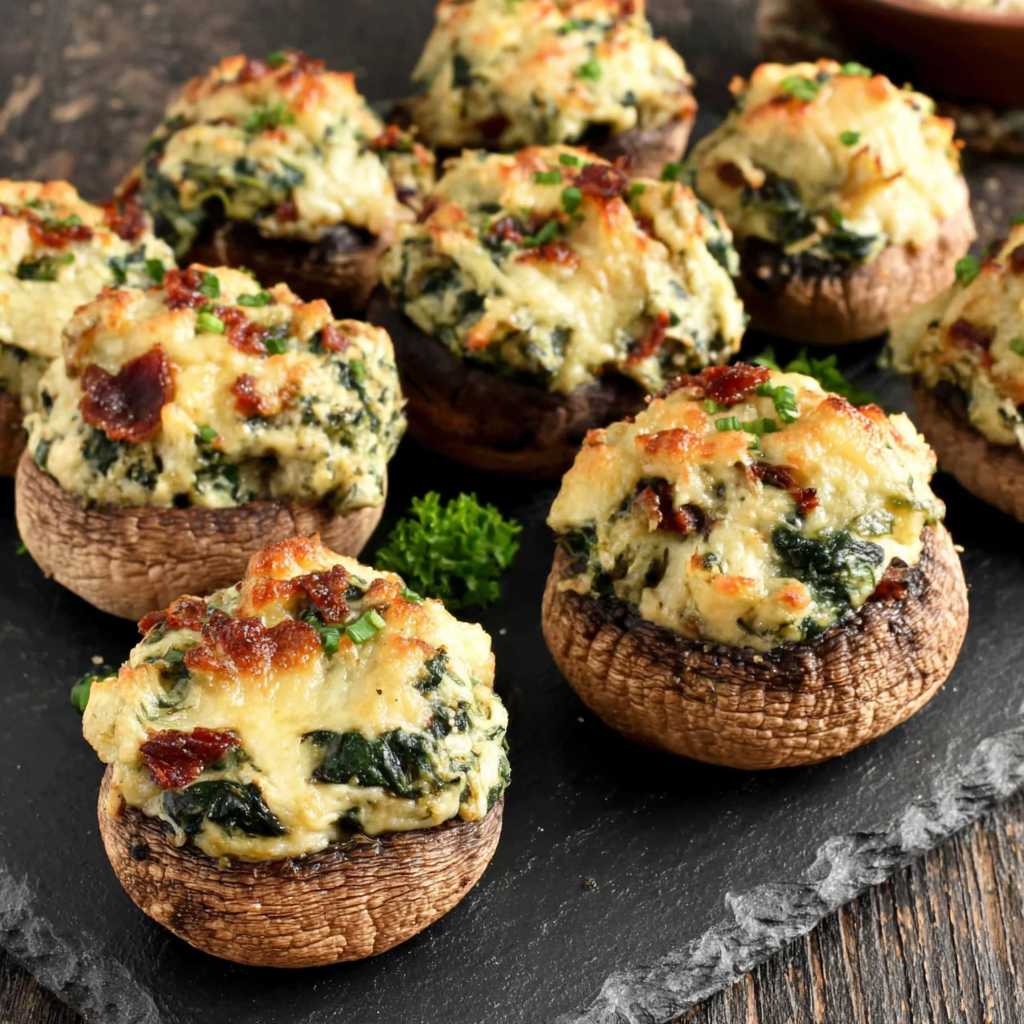 Savory Cheesy Spinach & Artichoke Stuffed Mushrooms