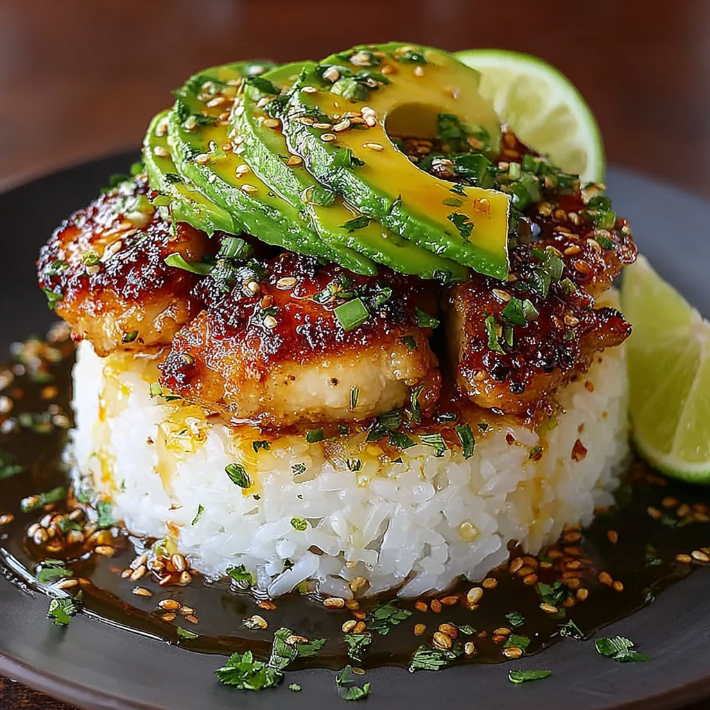 Delicious Honey Lime Chicken and Avocado Rice Stack