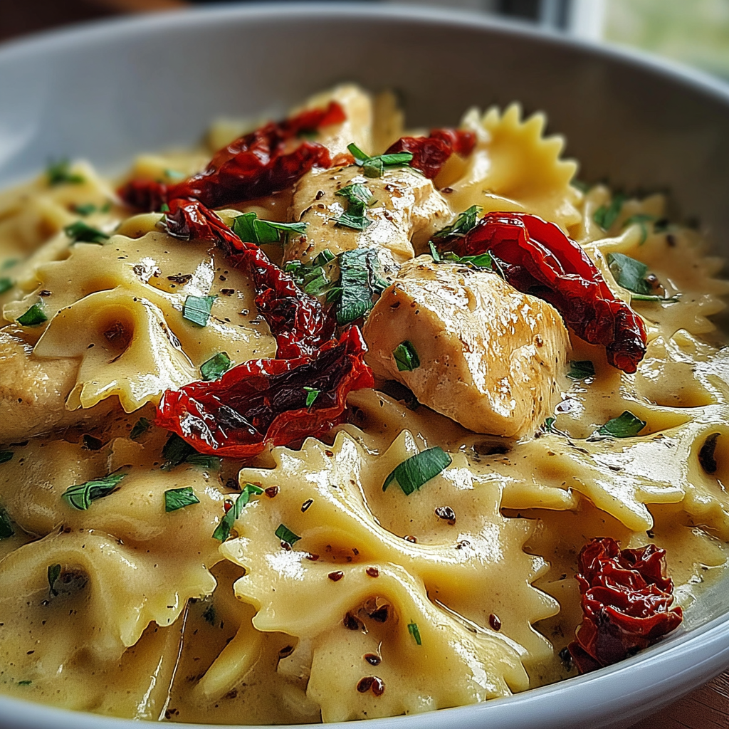 Creamy Alfredo Chicken Bowtie Pasta with Sun-Dried Tomatoes