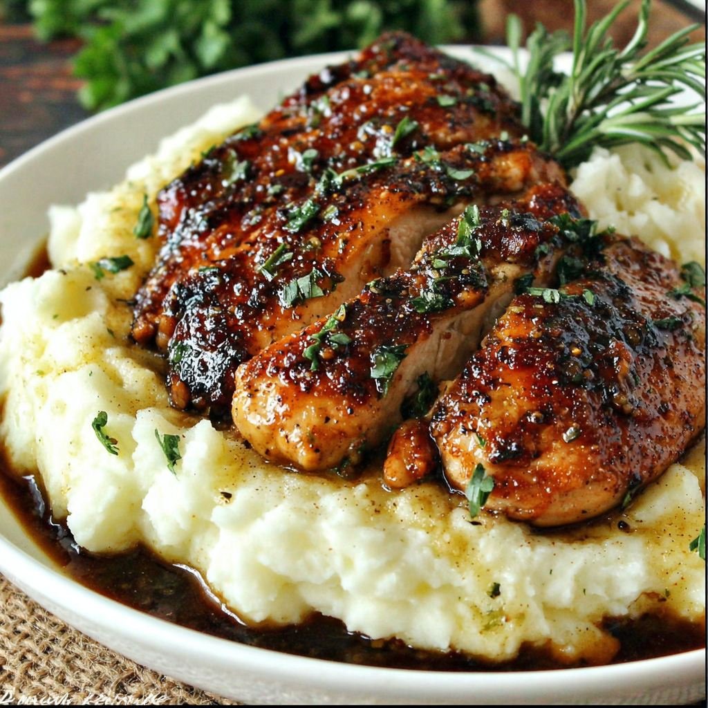 Glazed Garlic Herb Chicken Breast Over Creamy Mashed Potatoes