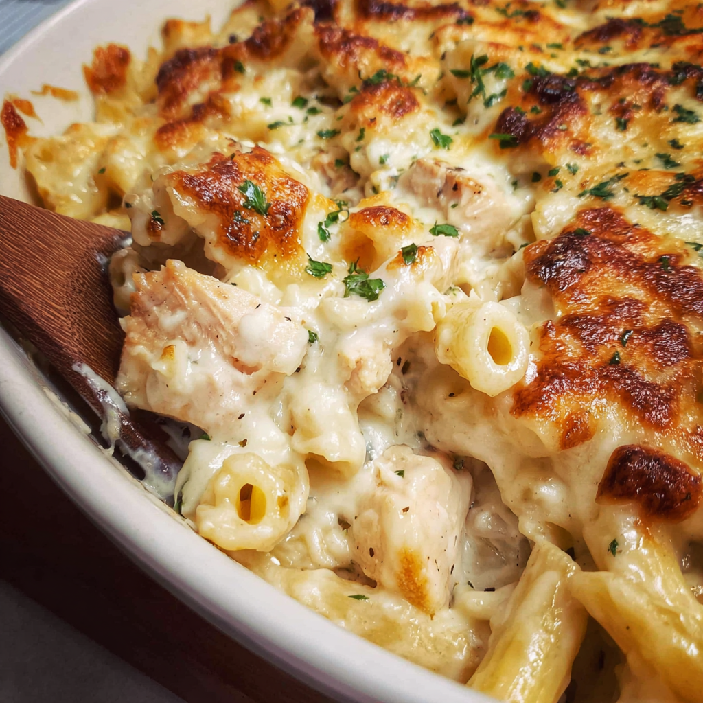 a serving of Chicken Pasta Alfredo Bake
