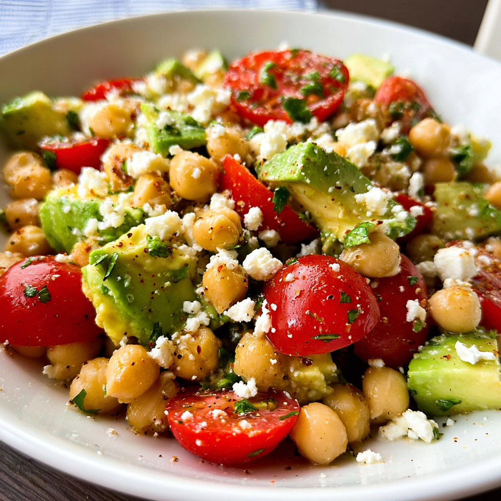 a serving of Chickpea Feta Avocado Salad Recipe