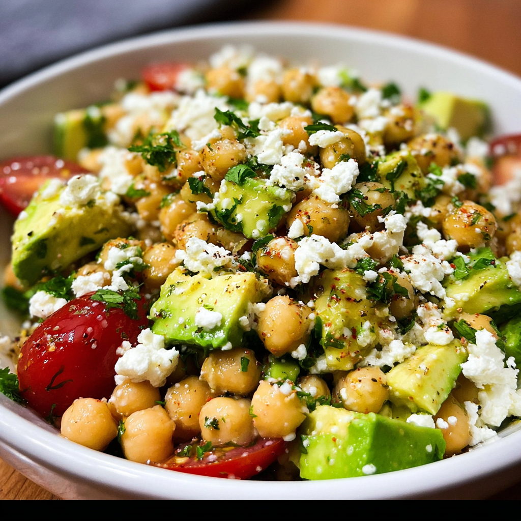 fresh ingredients for Chickpea Feta Avocado Salad Recipe