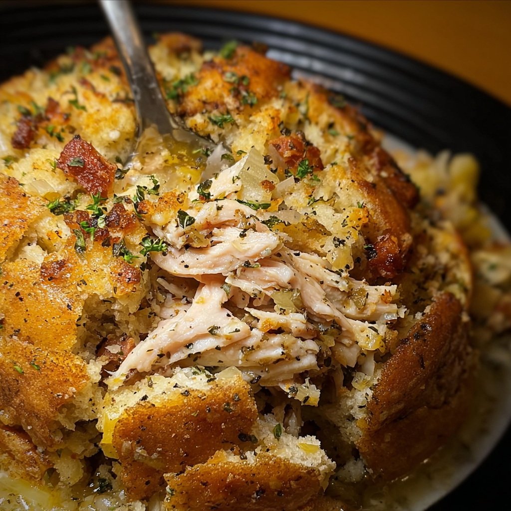 a serving of Crockpot Chicken Stuffing Bake Recipe