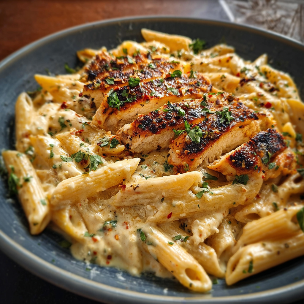 a serving of Grilled Chicken Penne Pasta With Creamy Sauce