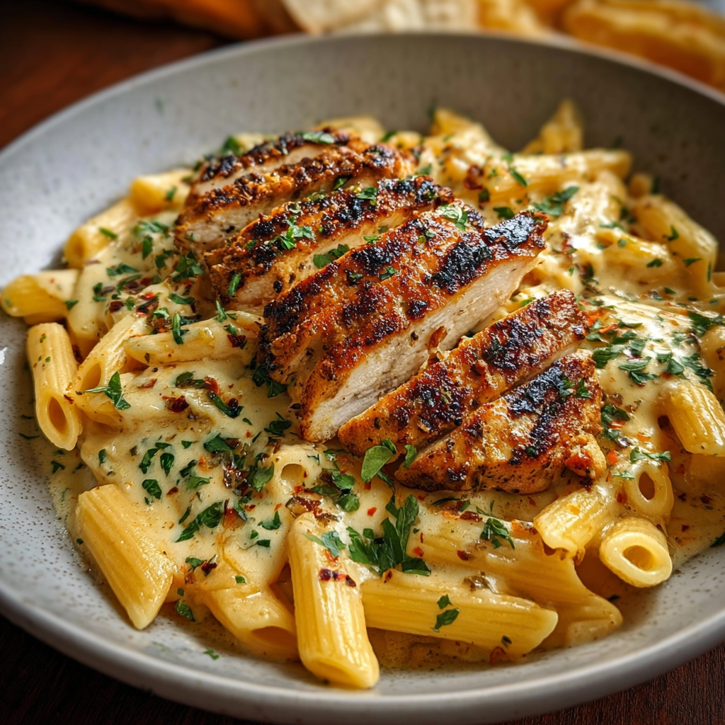 fresh ingredients for Grilled Chicken Penne Pasta With Creamy Sauce