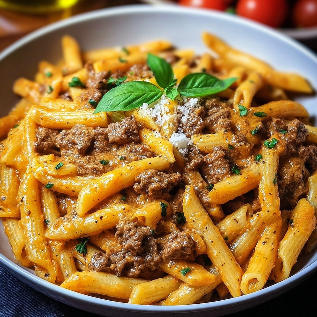 a serving of High Protein Creamy Beef Pasta Recipe
