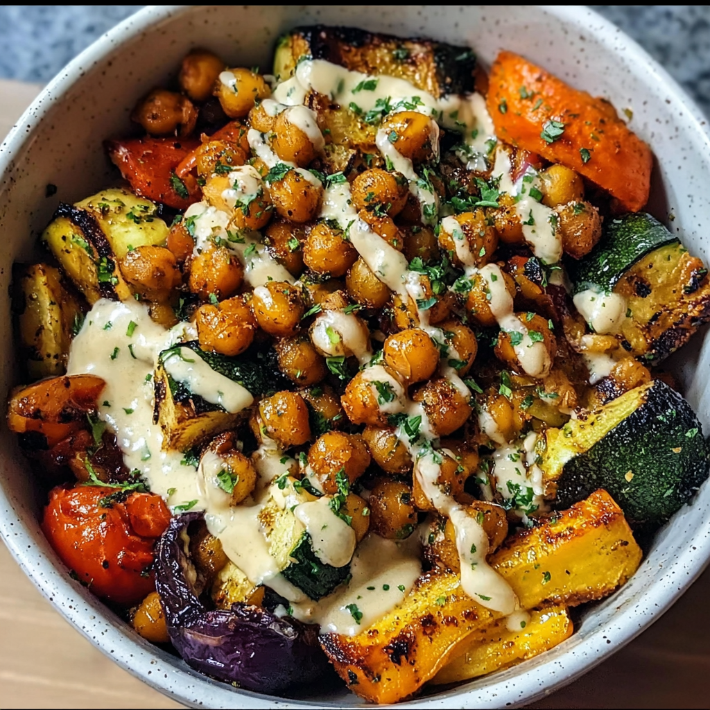 how to make Mediterranean Roasted Veggie And Chickpea Bowls With Tahini Dressing step by step
