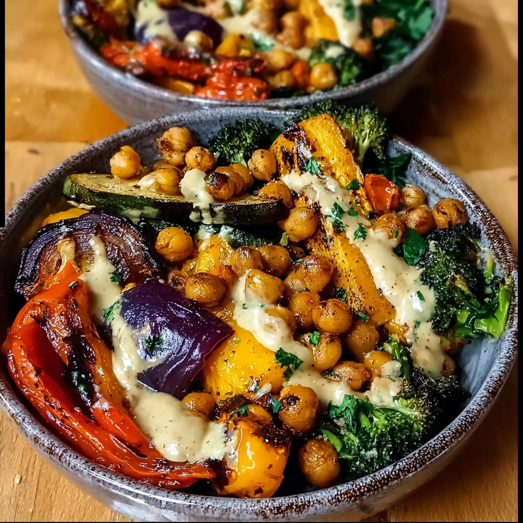 fresh ingredients for Mediterranean Roasted Veggie And Chickpea Bowls With Tahini Dressing