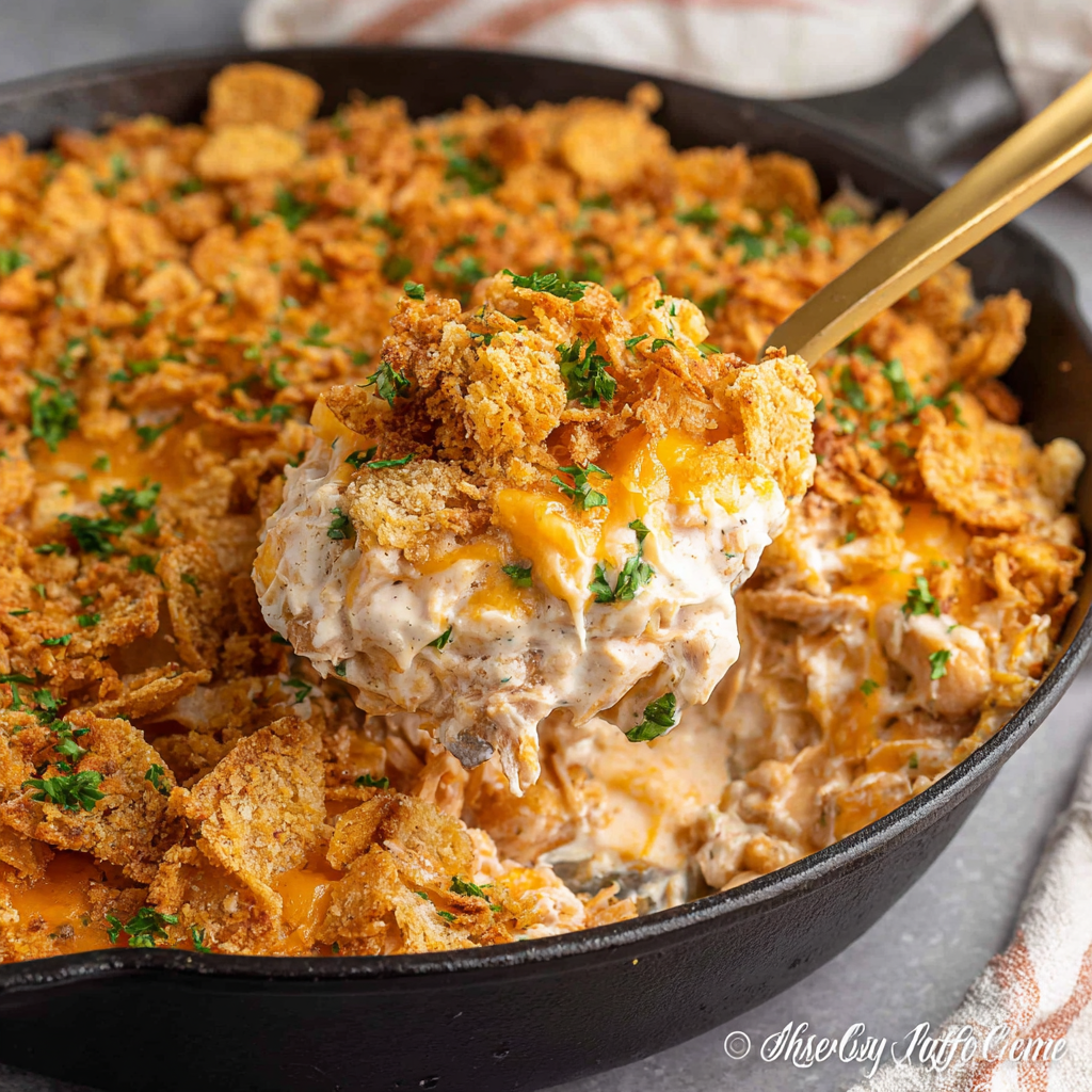 a serving of Million Dollar Chicken Casserole