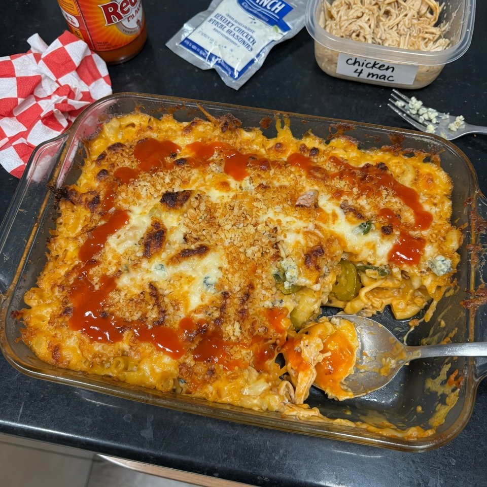 fresh ingredients for Buffalo Chicken Mac And Cheese Bake