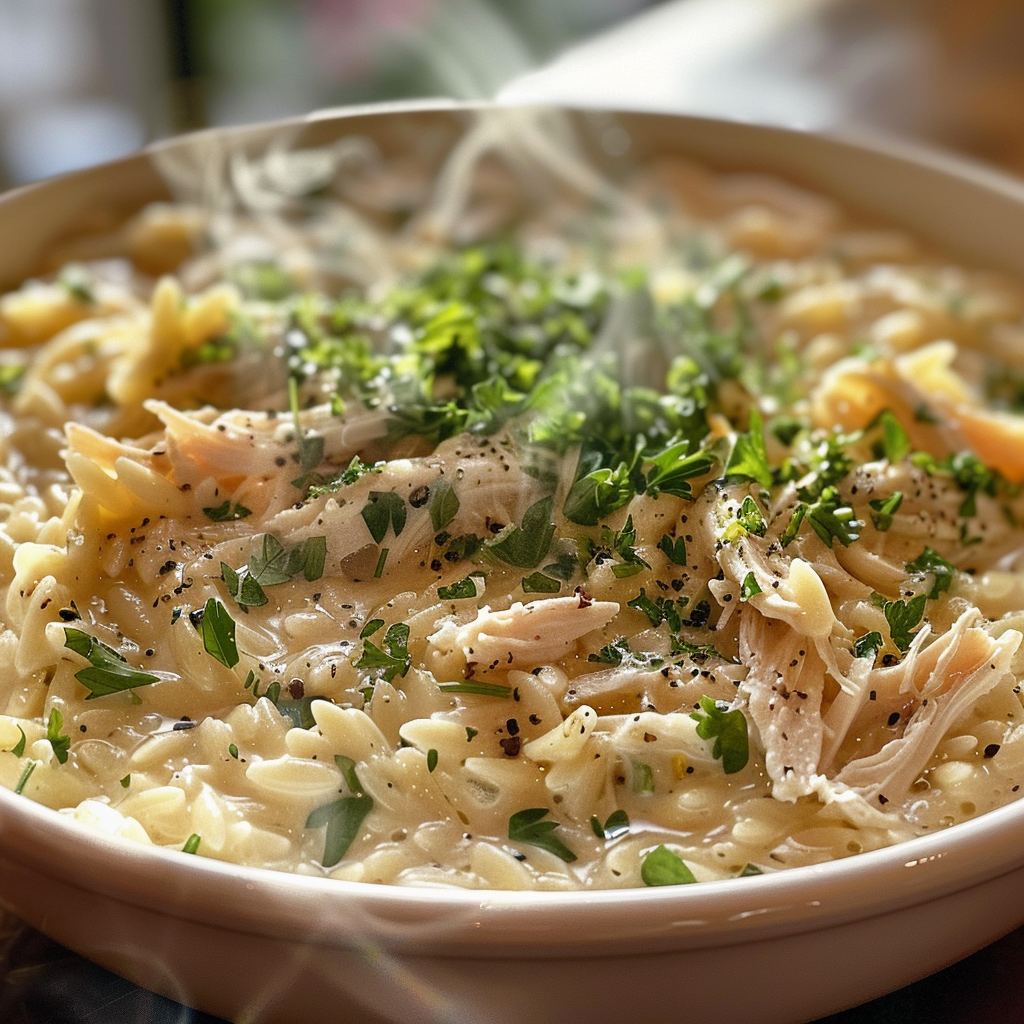 how to make Comforting Creamy Garlic Parmesan Orzo With Shredded Rotisserie Chicken step by step