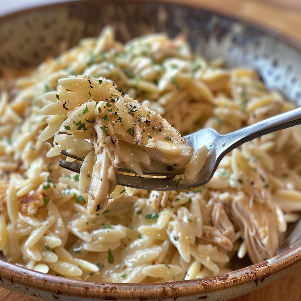 fresh ingredients for Comforting Creamy Garlic Parmesan Orzo With Shredded Rotisserie Chicken