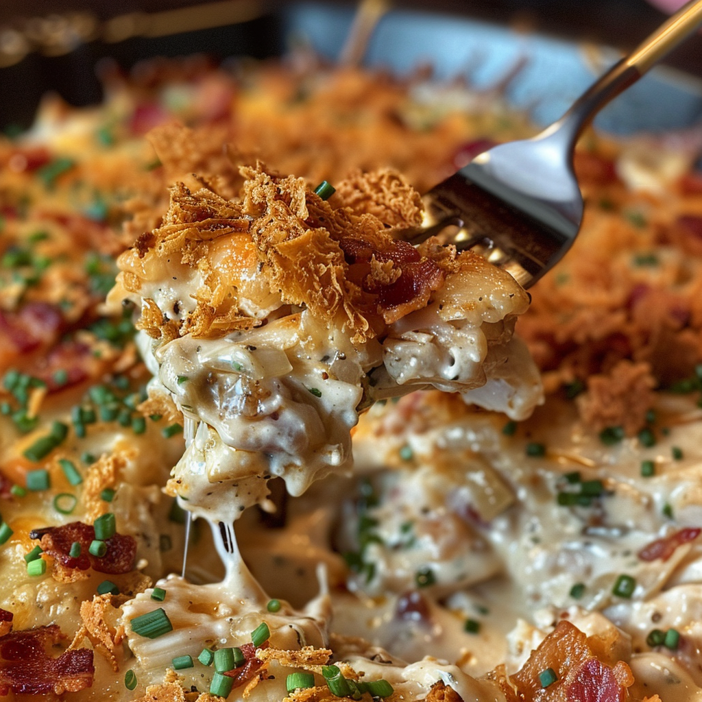 how to make Creamy Chicken Bacon Ranch Casserole With Crispy Fried Onions step by step