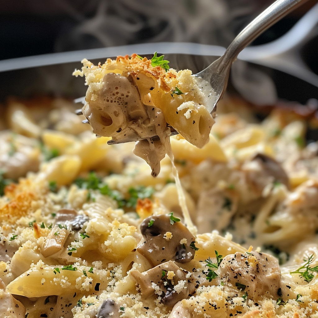 fresh ingredients for Ultimate Creamy Chicken And Mushroom Pasta Bake With Crispy Breadcrumbs
