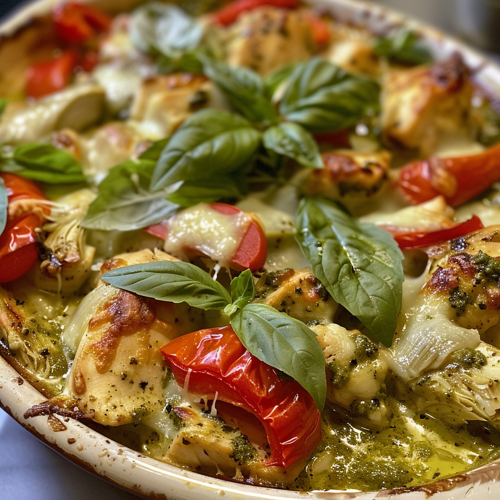 how to make Creamy Pesto Chicken Casserole With Roasted Red Peppers & Artichoke Hearts step by step