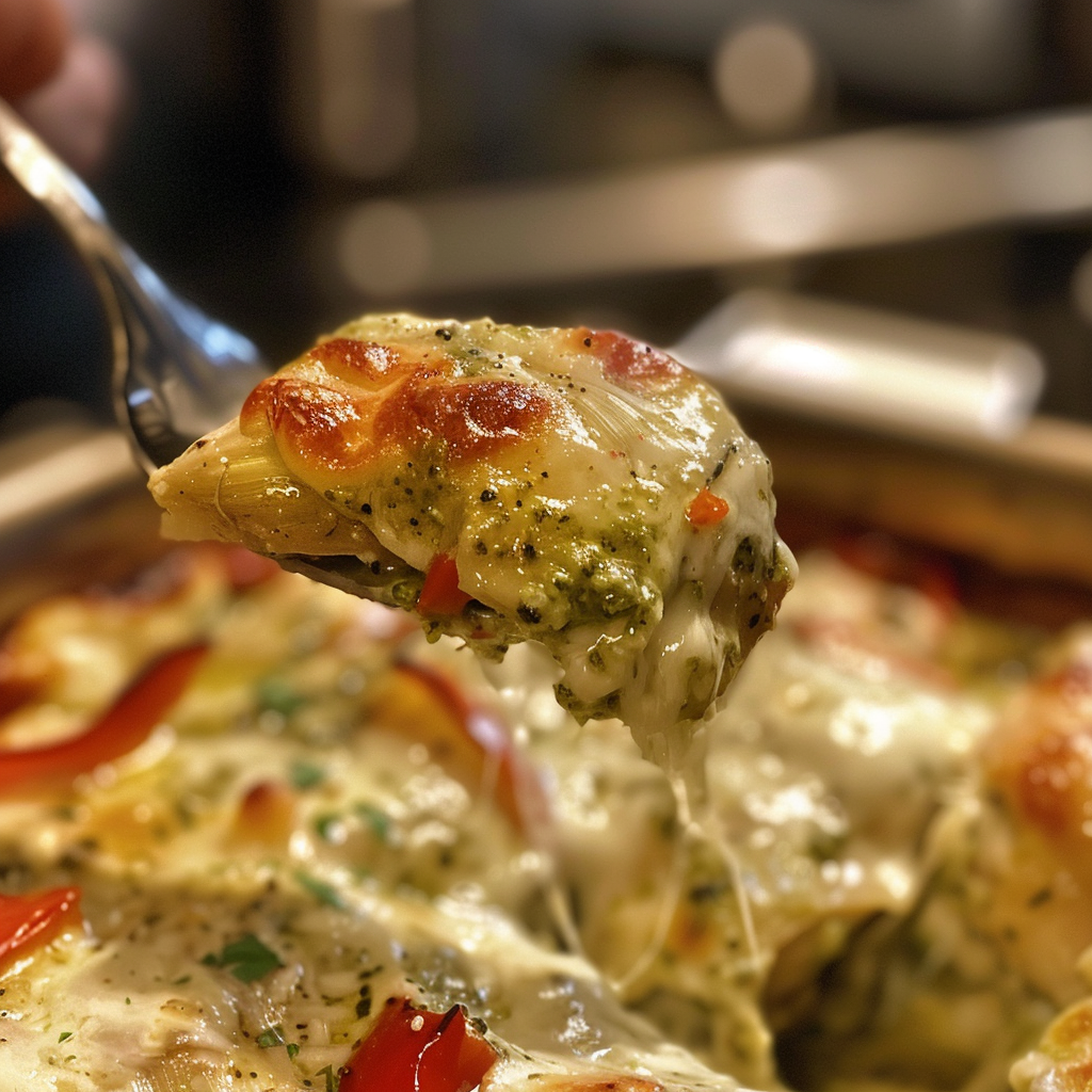 fresh ingredients for Creamy Pesto Chicken Casserole With Roasted Red Peppers & Artichoke Hearts
