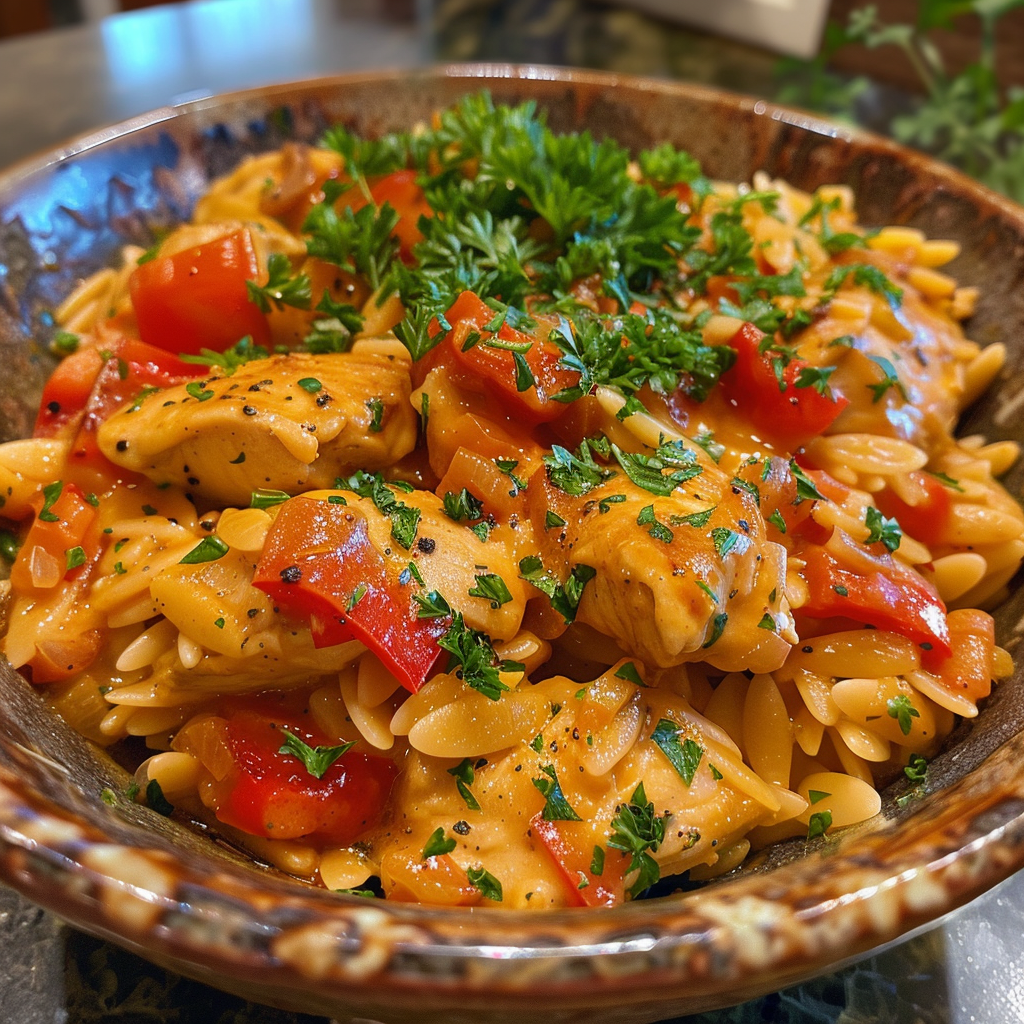 how to make Creamy Smoked Paprika Chicken Casserole With Roasted Red Peppers And Orzo For A Cozy Dinner step by step