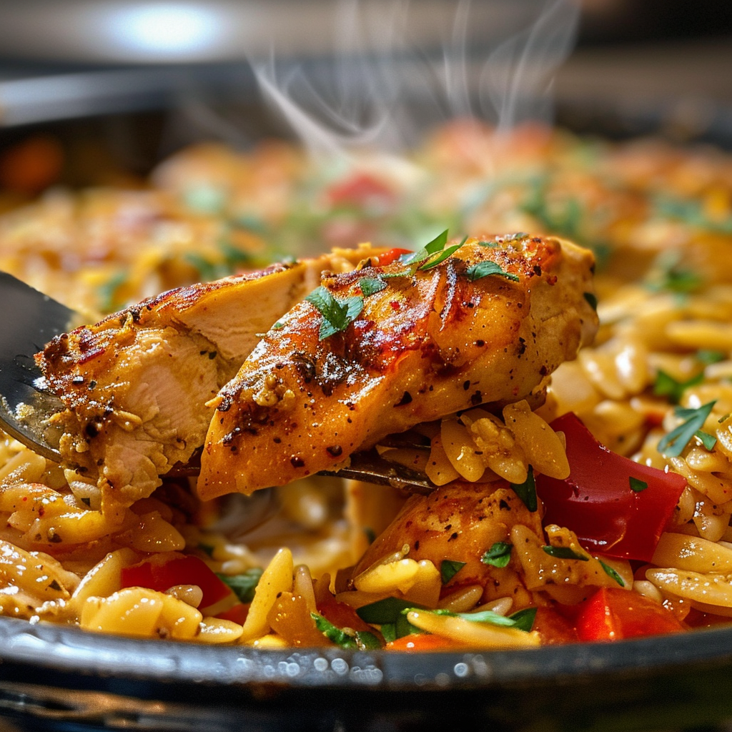 fresh ingredients for Creamy Smoked Paprika Chicken Casserole With Roasted Red Peppers And Orzo For A Cozy Dinner