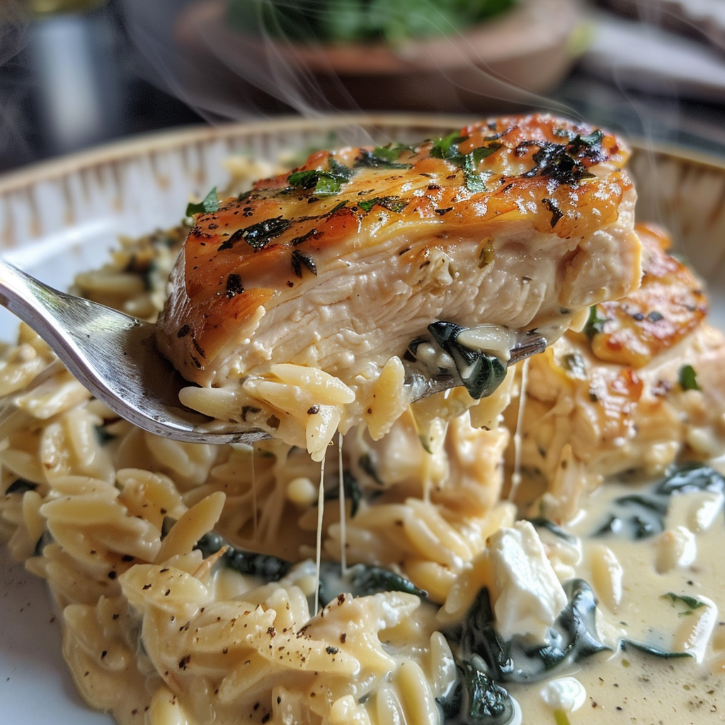 fresh ingredients for Creamy Tuscan Chicken & Orzo Casserole With Spinach, Feta, And Sun-Dried Tomatoes