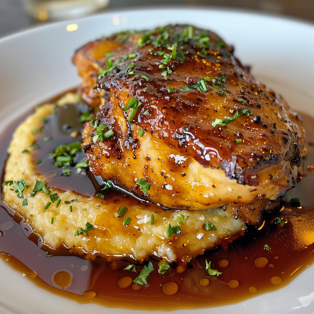 how to make Crispy Honey Balsamic Chicken Thighs With Creamy Parmesan Polenta And Fresh Herbs step by step