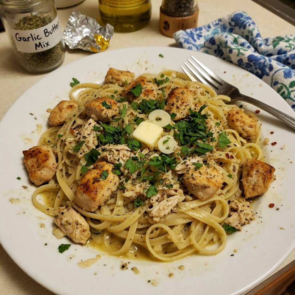 fresh ingredients for Garlic Butter Chicken Linguine With Herbs