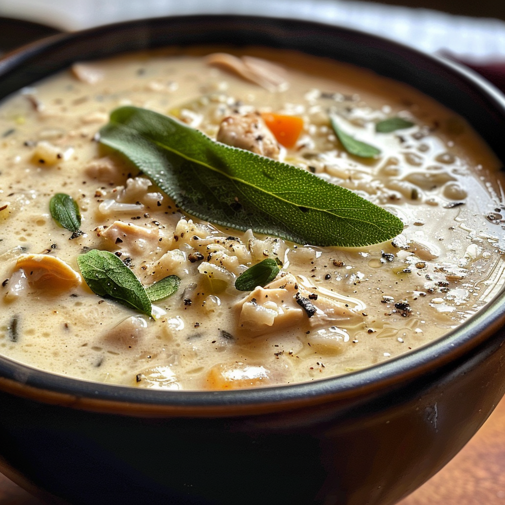 how to make Hearty Creamy Chicken And Wild Rice Soup With Crispy Sage For A Cozy Night step by step