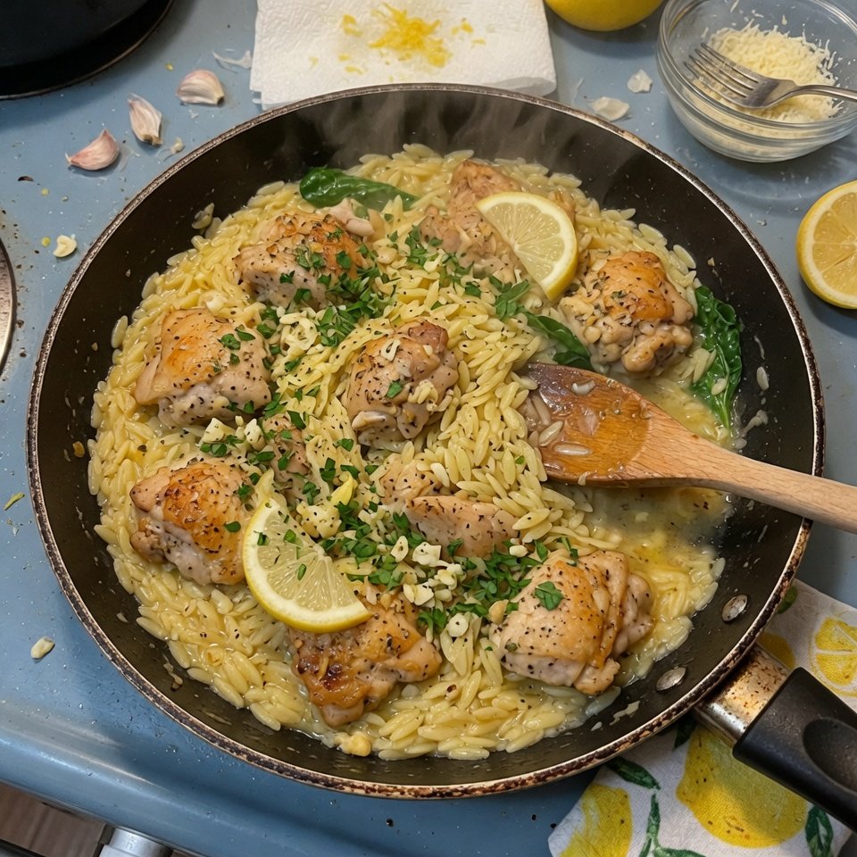 how to make Lemon Garlic Chicken Orzo Skillet step by step