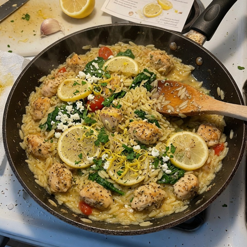 fresh ingredients for Lemon Garlic Chicken Orzo Skillet