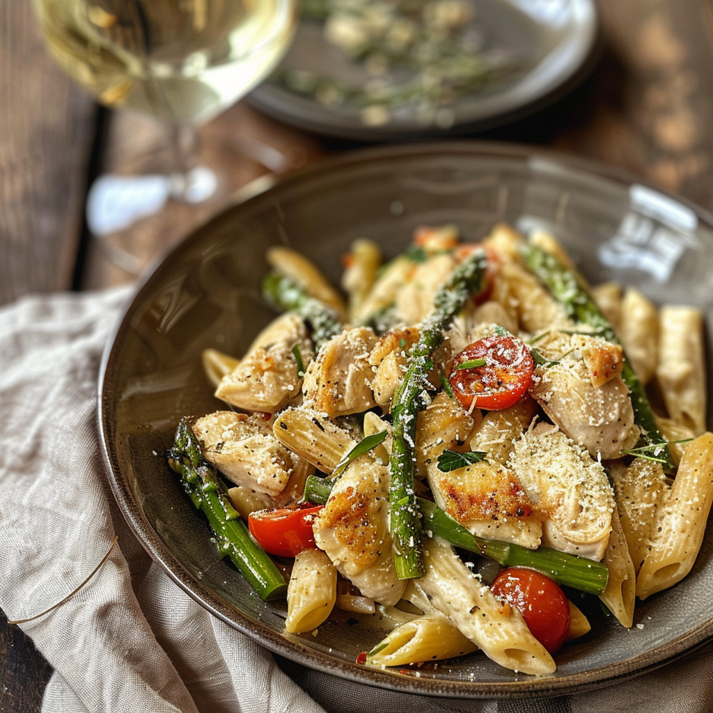 how to make One-Pan Creamy Garlic Parmesan Chicken Pasta With Asparagus And Cherry Tomatoes step by step