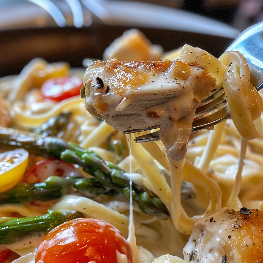 fresh ingredients for One-Pan Creamy Garlic Parmesan Chicken Pasta With Asparagus And Cherry Tomatoes