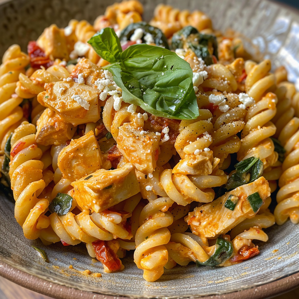 how to make One-Pot Creamy Sun-Dried Tomato Chicken Pasta With Spinach & Feta Crumbles step by step