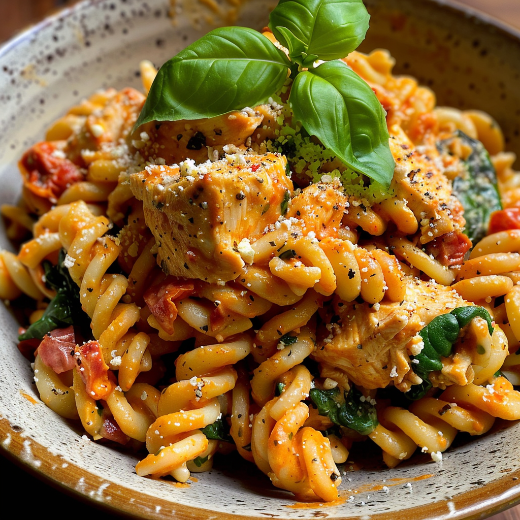 fresh ingredients for One-Pot Creamy Sun-Dried Tomato Chicken Pasta With Spinach & Feta Crumbles