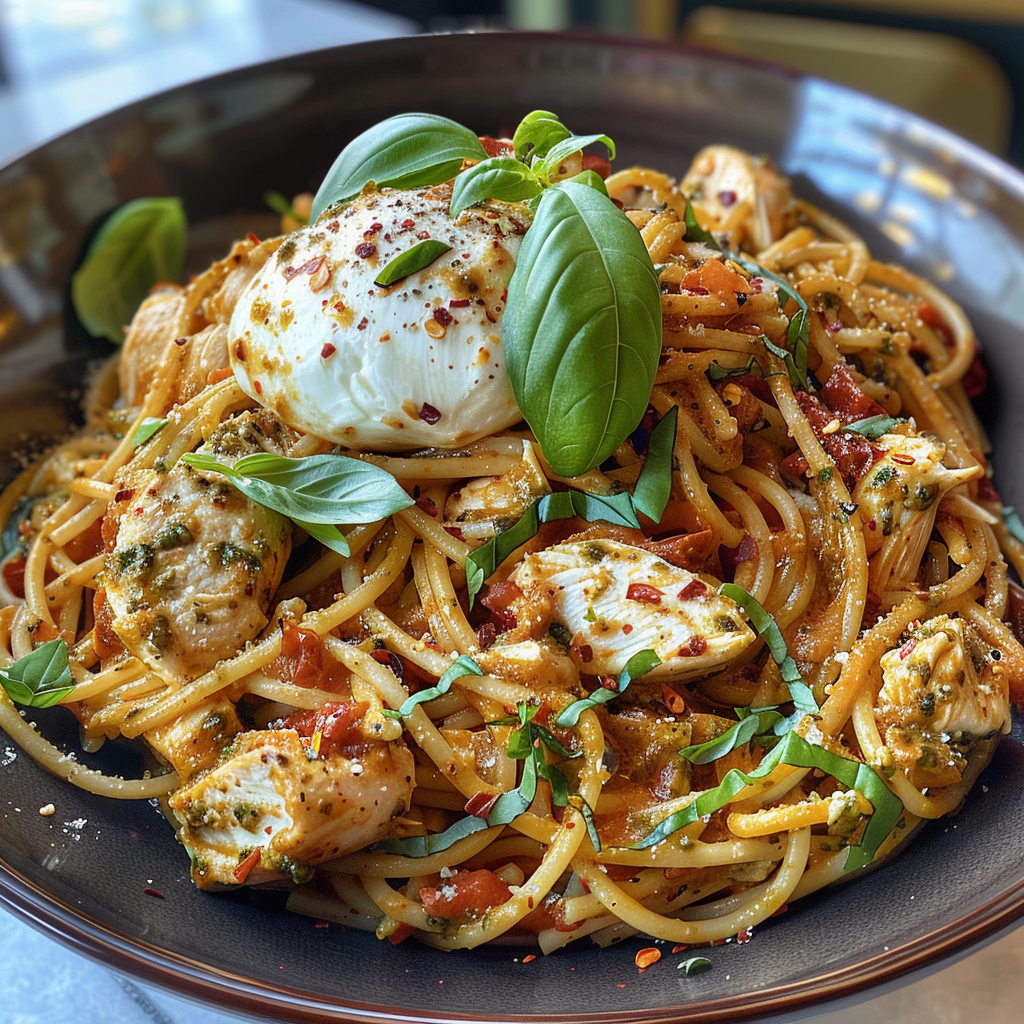 how to make One-Pot Creamy Sun-Dried Tomato Pesto Chicken Pasta With Burrata step by step