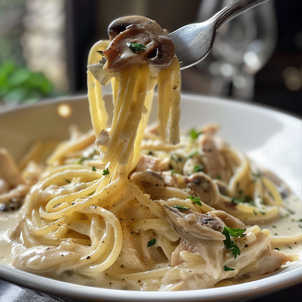 fresh ingredients for One-Pot Creamy White Wine Chicken Pasta With Mushrooms And Fresh Thyme
