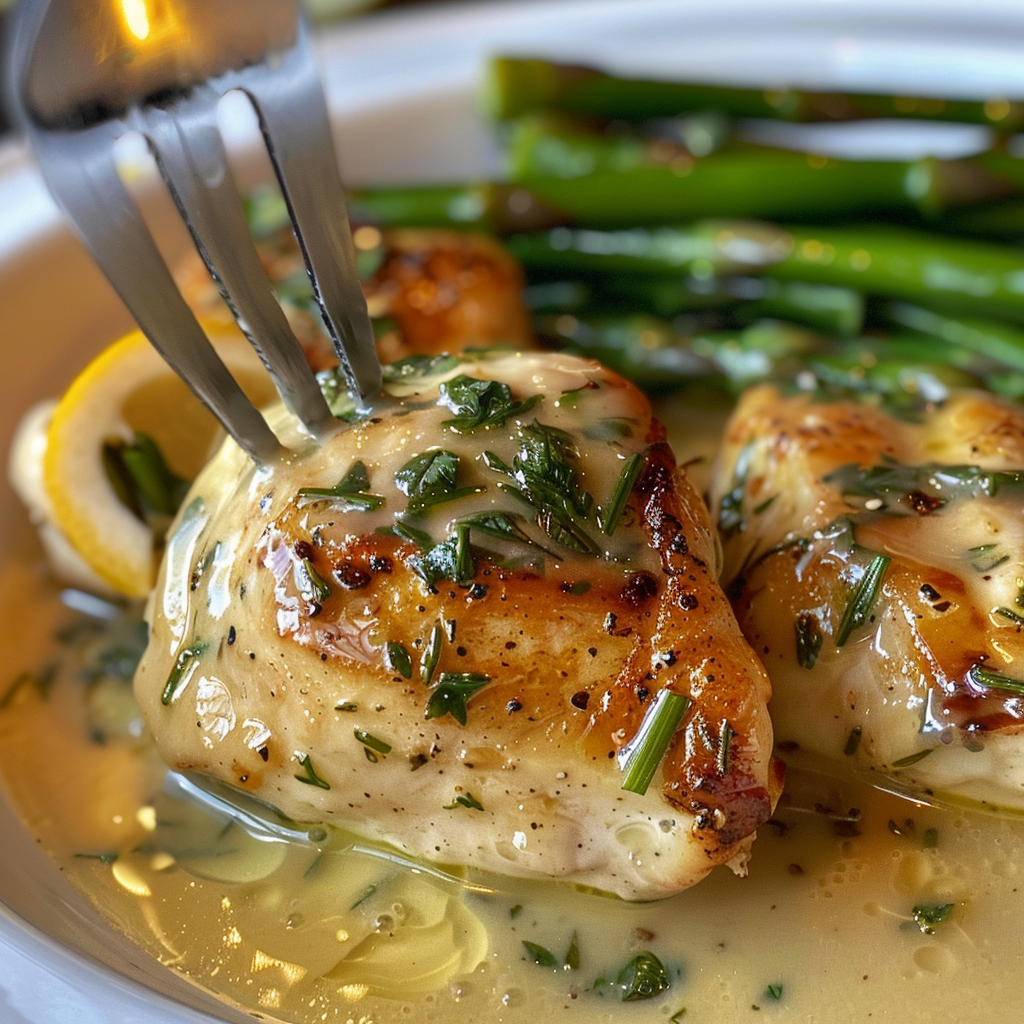 fresh ingredients for Quick & Easy Creamy Lemon Herb Chicken & Asparagus Skillet For Weeknights