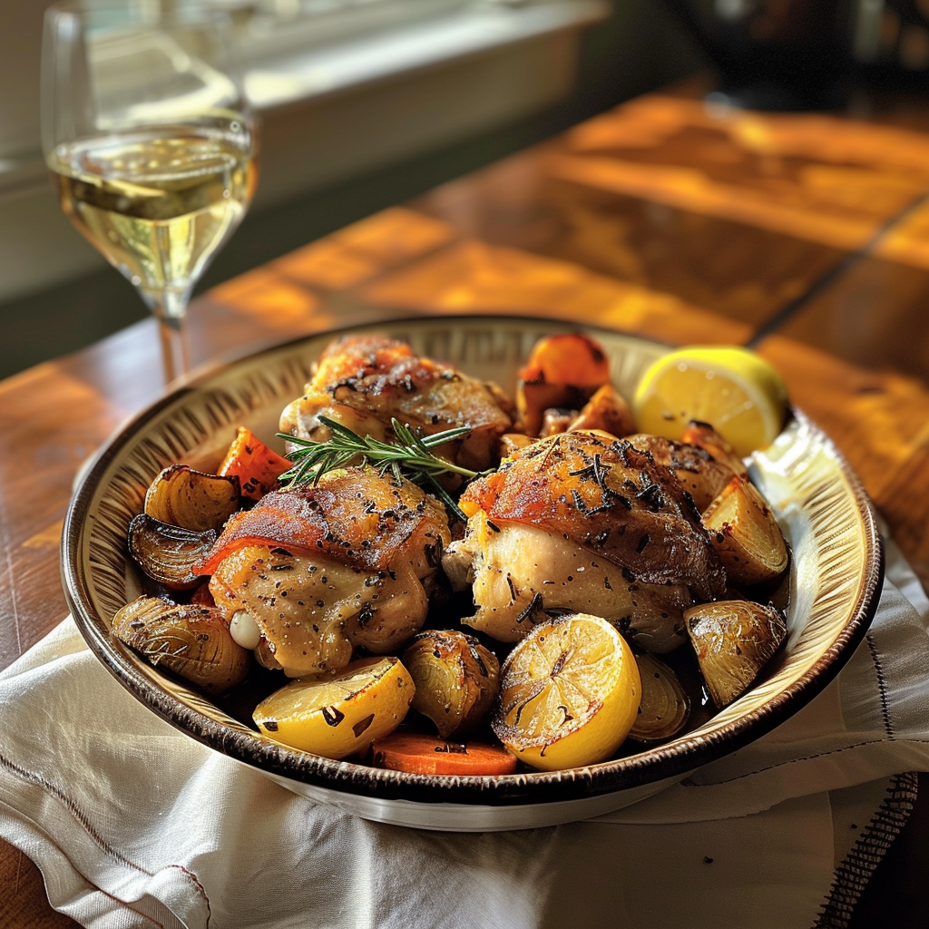how to make Quick & Easy Creamy Lemon Herb Chicken Thighs With Roasted Root Vegetables step by step
