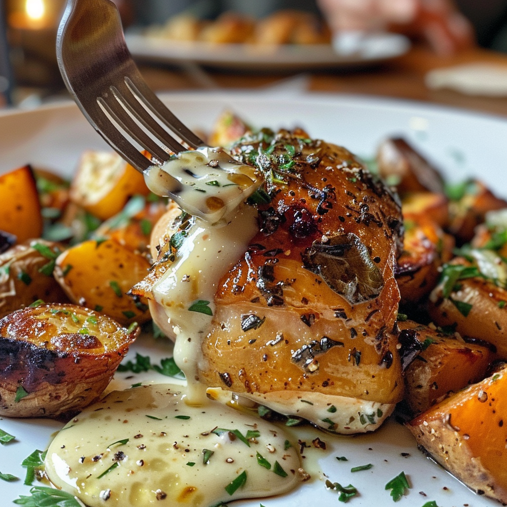 fresh ingredients for Quick & Easy Creamy Lemon Herb Chicken Thighs With Roasted Root Vegetables