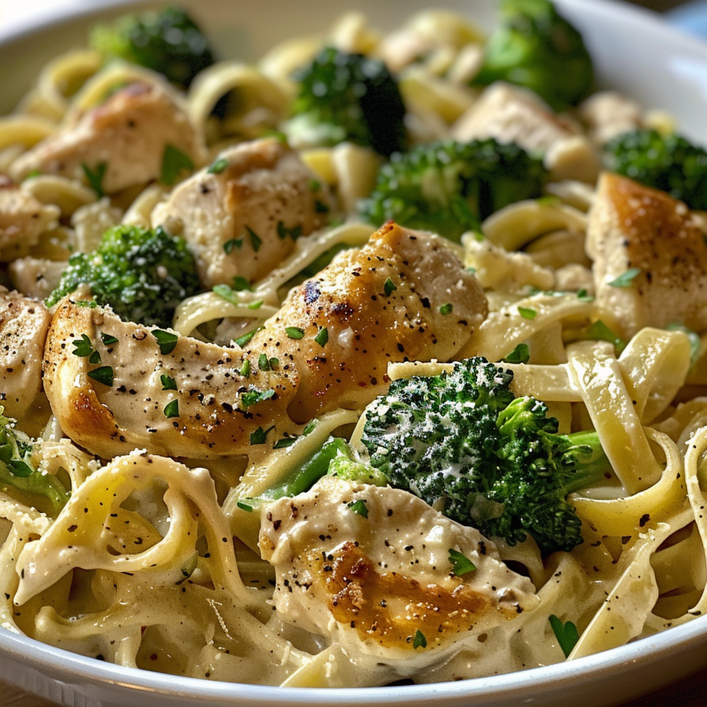 how to make Speedy Creamy Garlic Parmesan Chicken & Broccoli Fettuccine Alfredo step by step