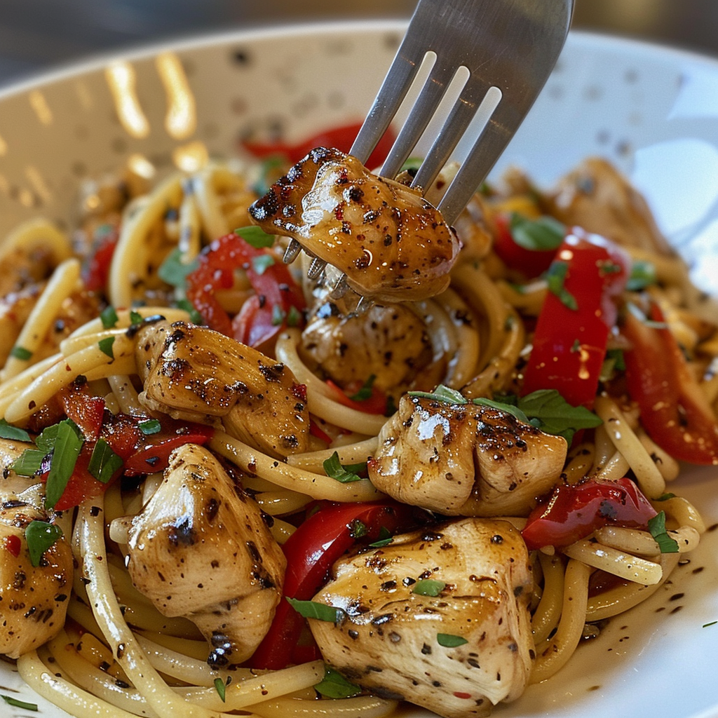 fresh ingredients for Speedy Weeknight Creamy Balsamic Chicken Pasta With Roasted Red Peppers And Spinach