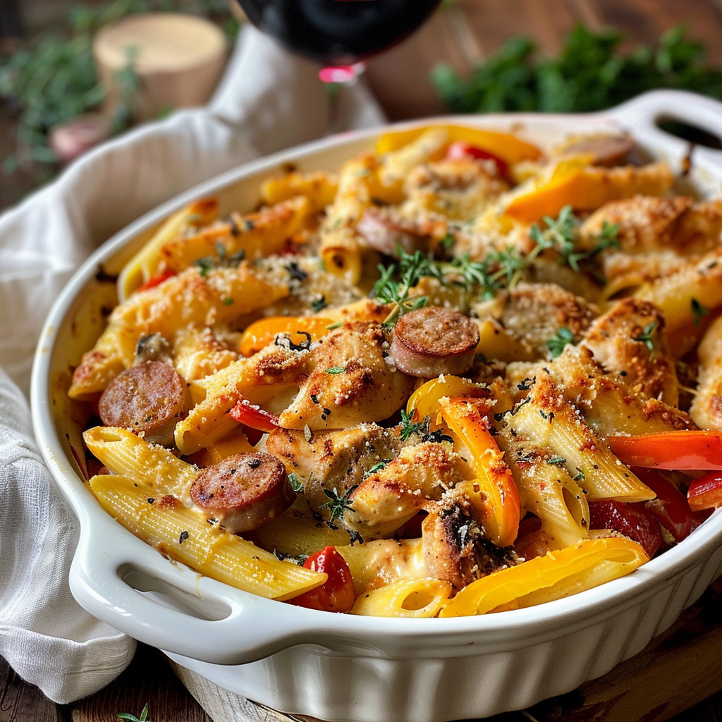 how to make Weeknight Creamy Cajun Chicken Pasta Bake With Smoked Sausage And Bell Peppers step by step