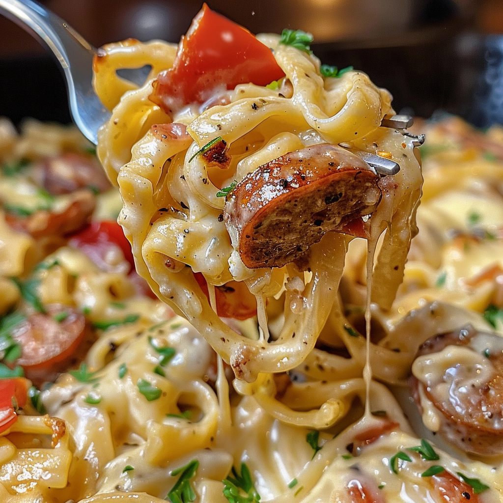 fresh ingredients for Weeknight Creamy Cajun Chicken Pasta Bake With Smoked Sausage And Bell Peppers
