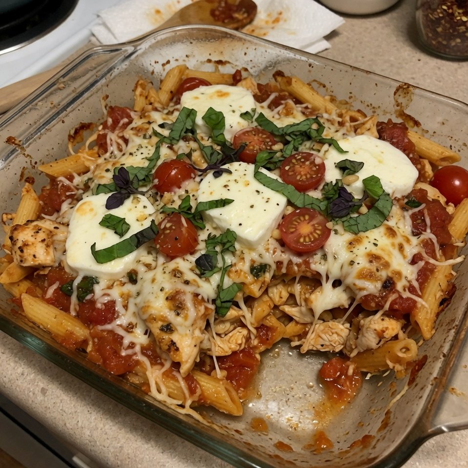 fresh ingredients for Caprese Chicken Pasta Bake With Mozzarella