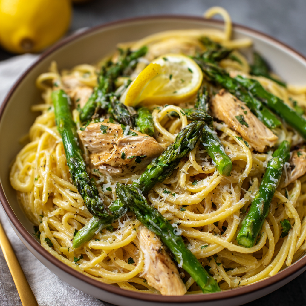 how to make Chicken And Asparagus Lemon Pasta Tossed In A Light White Wine Sauce step by step
