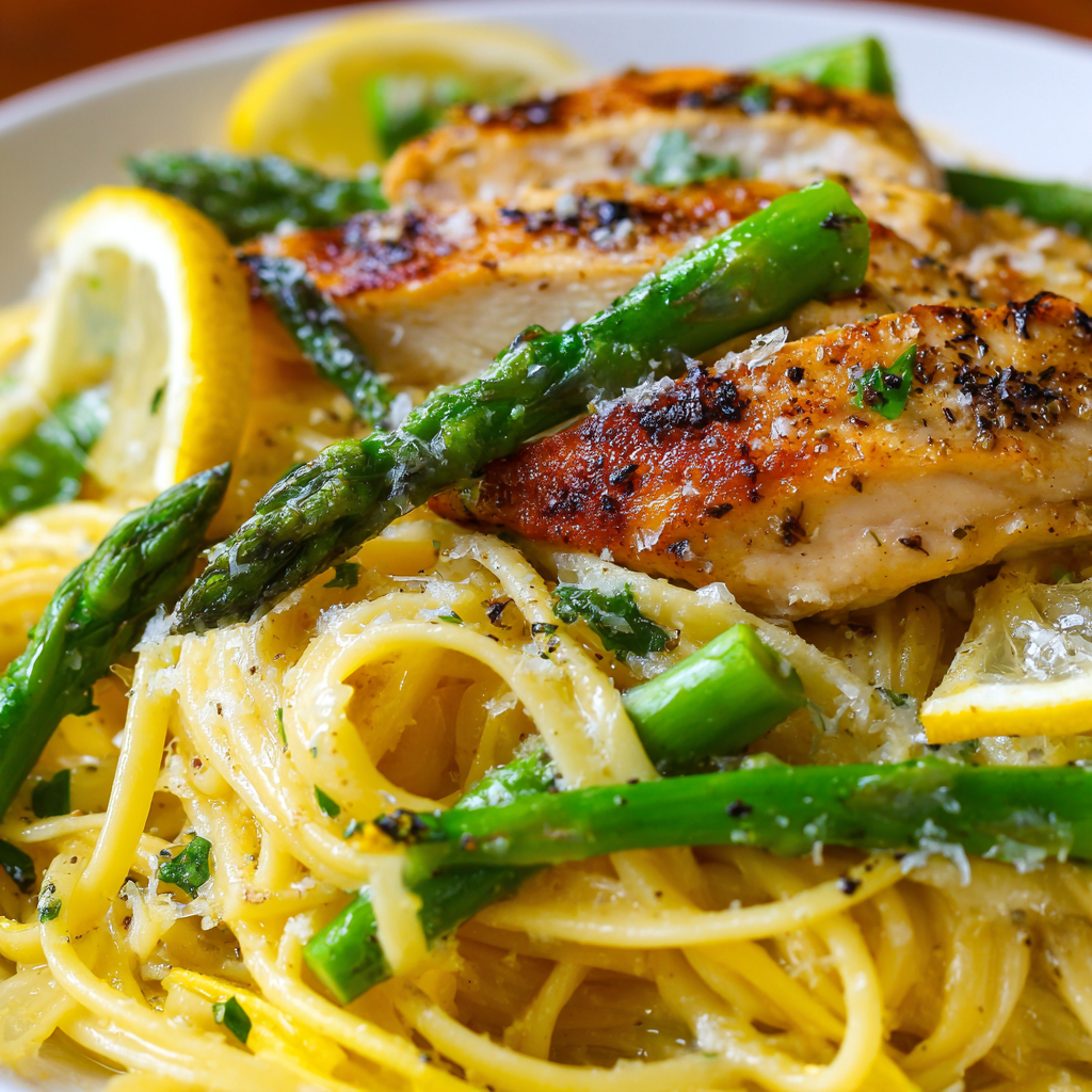 fresh ingredients for Chicken And Asparagus Lemon Pasta Tossed In A Light White Wine Sauce