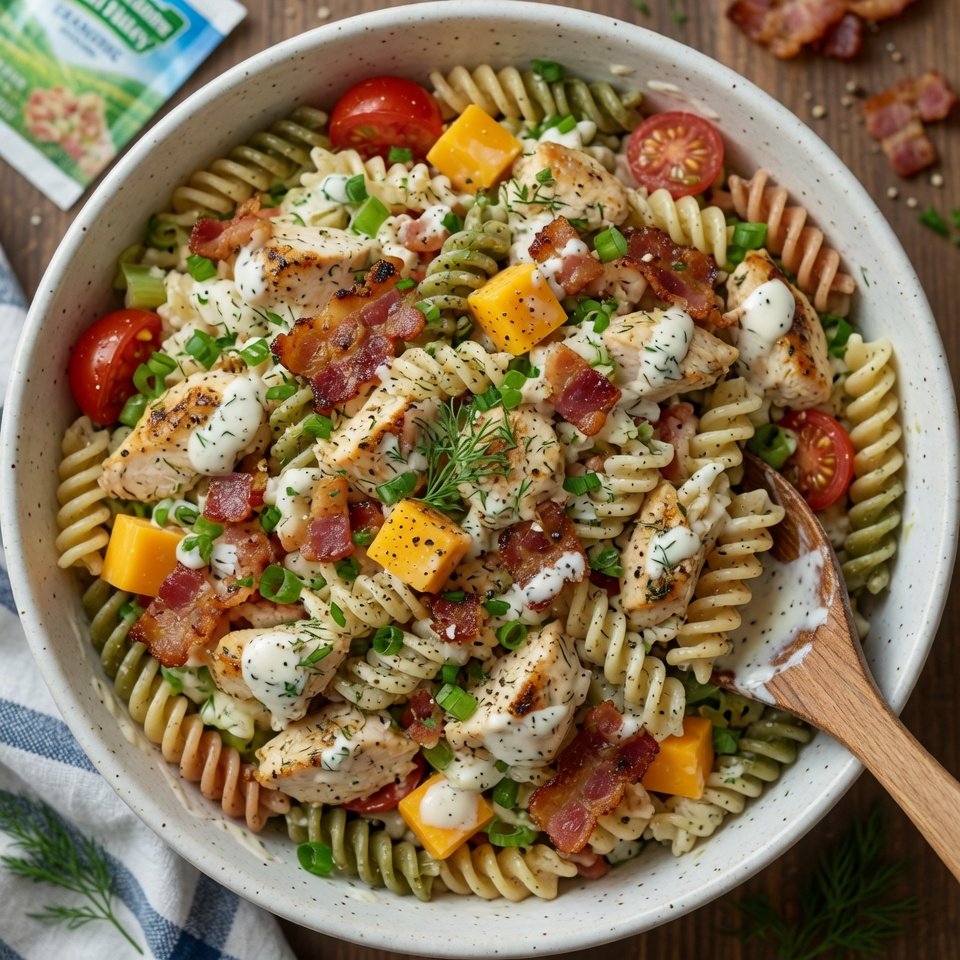 fresh ingredients for Chicken Bacon Ranch Pasta Salad That Steals The Show At Every Potluck