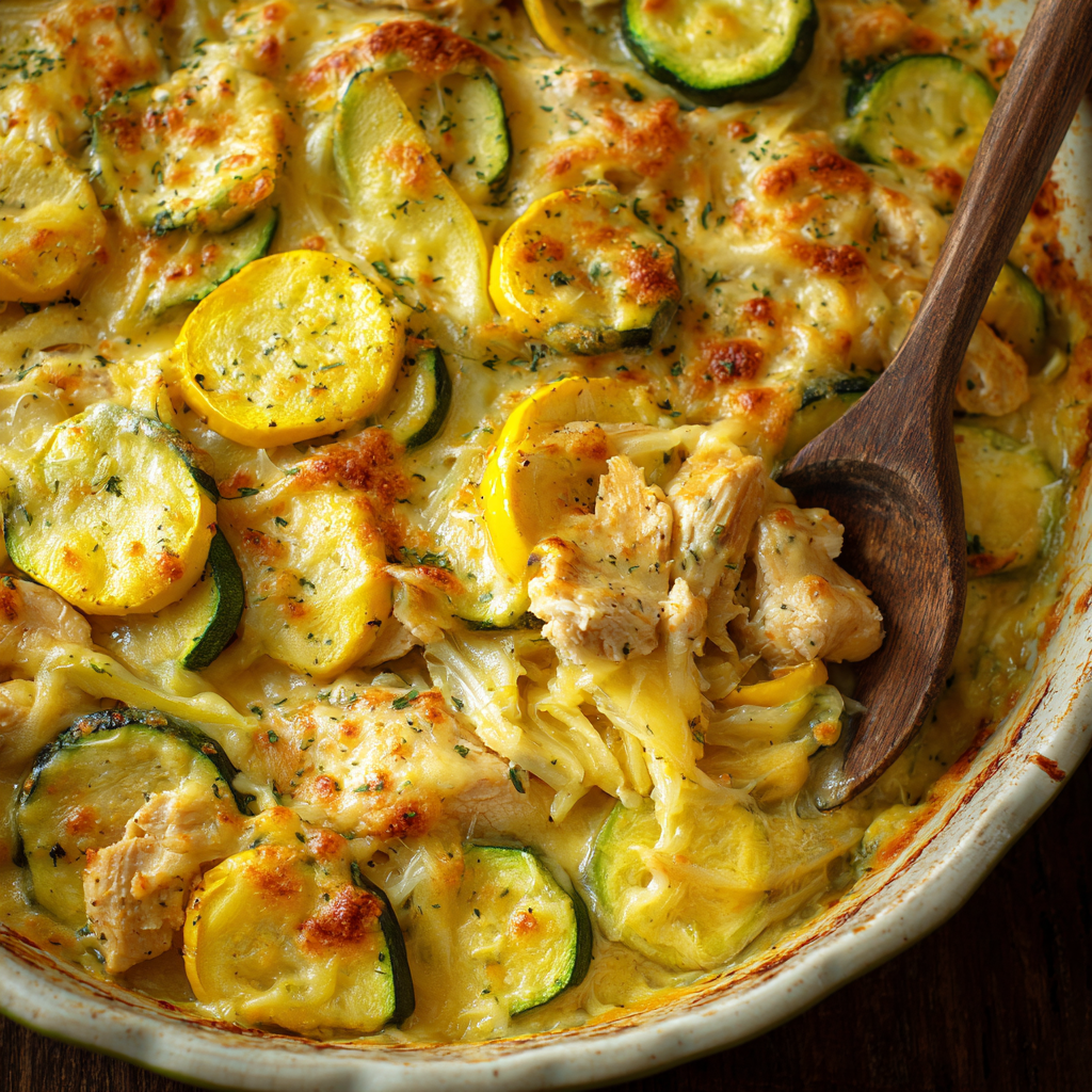 fresh ingredients for Chicken And Summer Squash Casserole Baked In A Rich Cheesy Sauce